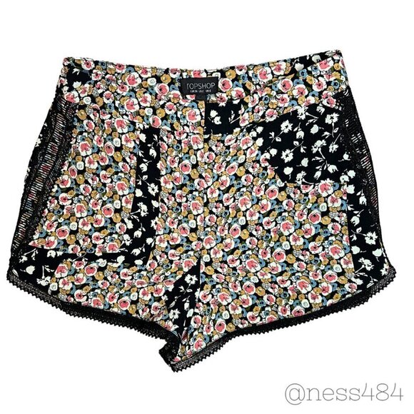 TOPSHOP Black Floral Patchwork Lace Trimmed Shorts Size 2 - Picture 1 of 4